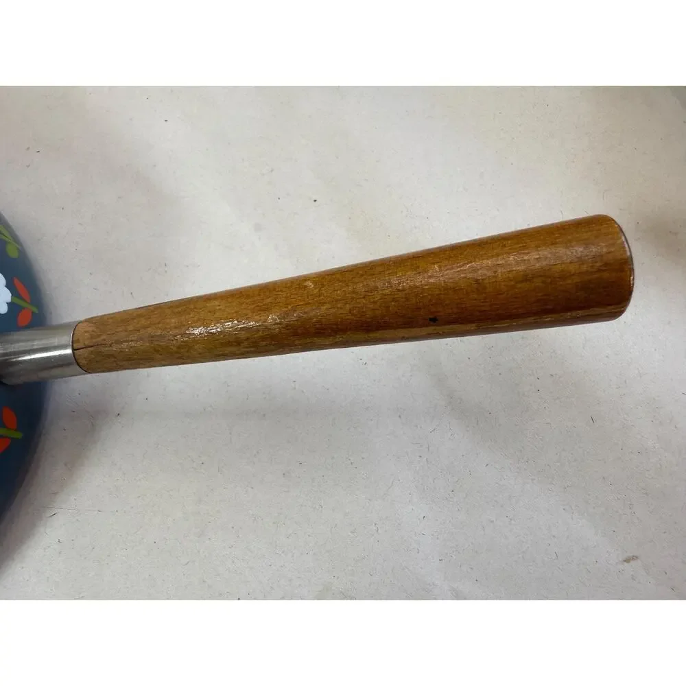 Vintage 1970s Enamel Fondue Pot | Navy Retro Daisy Flower Pattern, Teak Handle